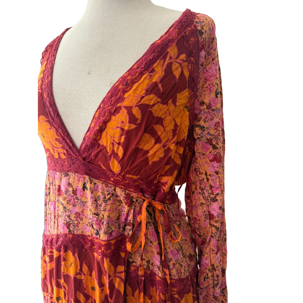 Free People Tilda Wrap Maxi Dress Medium Floral Lace Boho Pink Orange Festival - Picture 3 of 9